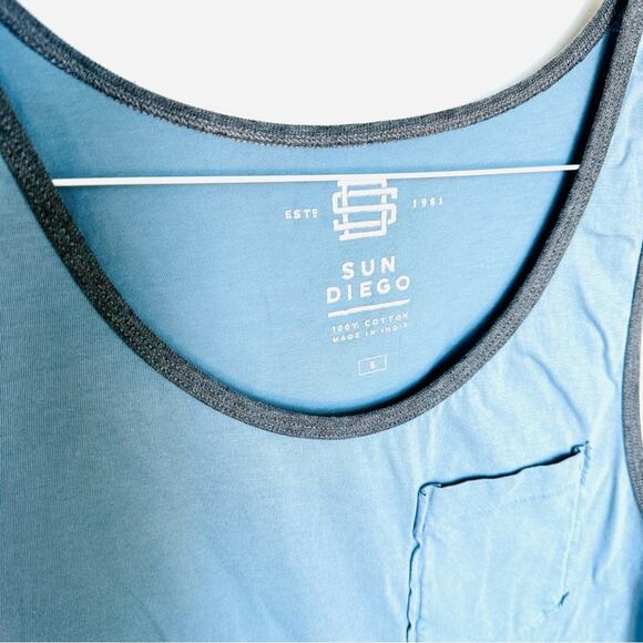 MENS SUN DIEGO Light Navy Blue Contrast Two Tone Sleeveless Tank Top Pocket S - Picture 9 of 9